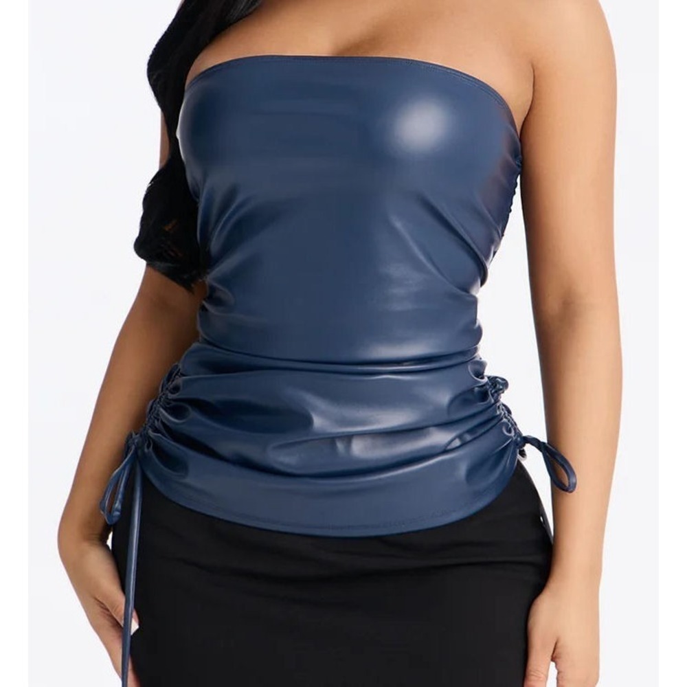 Fashion Nova Women's Jada Faux Leather Strapless Top - Navy Blue - Large